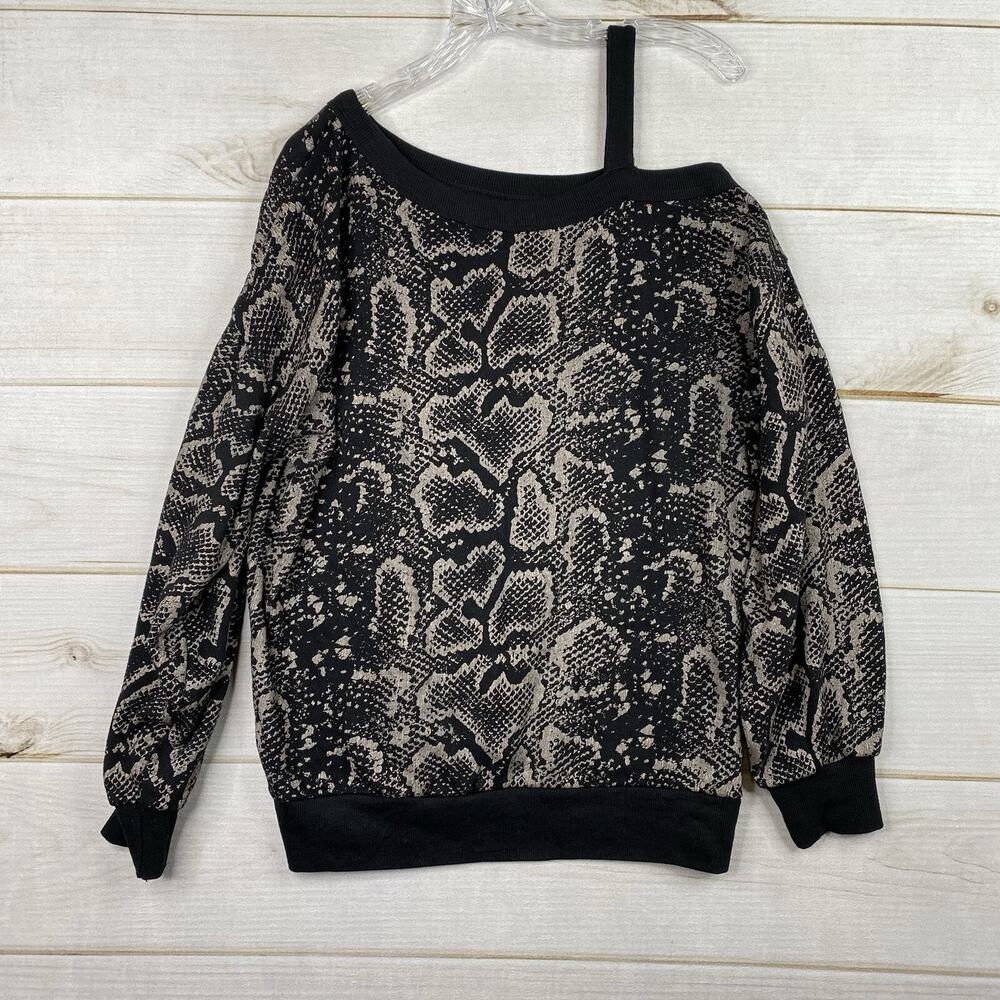 VINTAGE HAVANA Sweater Womens M Black Snake Print One Shoulder Pullover Puff Slv
